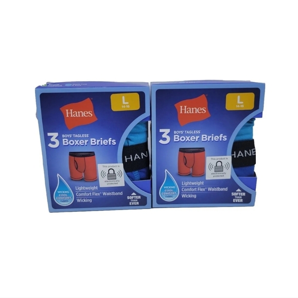 Lot of 2 Hanes Boy's Tagless Boxer Briefs L/G 14-16 Wicking Cool Comfort Fabric - Picture 1 of 4